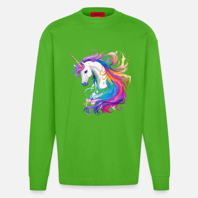 Regenbogen-Einhorn Kopf Portrait - Heavyweight Oversized Organic Langarmshirt Made in EU - Apple Neon