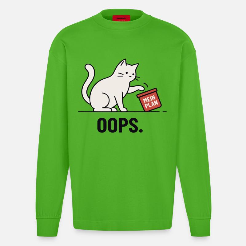Mein Plan… Oops – Lustige Katze - Heavyweight Oversized Organic Langarmshirt Made in EU - Apple Neon