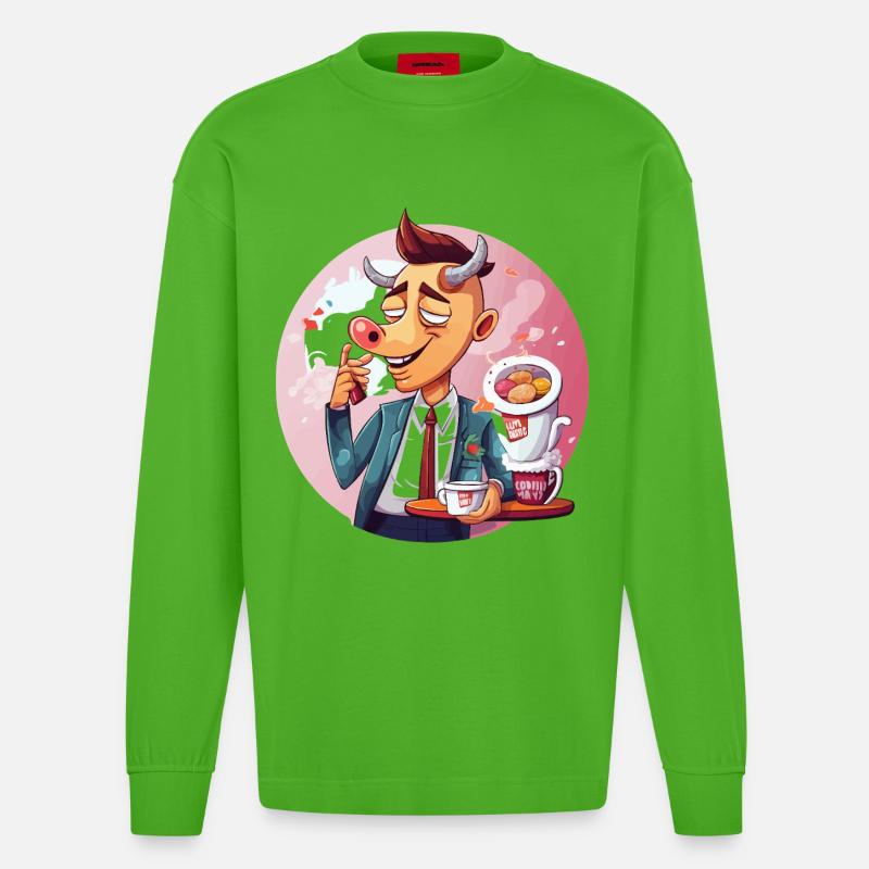 Büro-Bulle mit Kaffee und Kuchen - Heavyweight Oversized Organic Langarmshirt Made in EU - Apple Neon