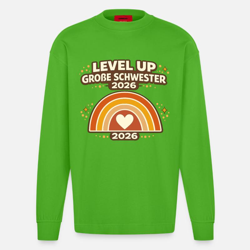 Level Up große Schwester 2026 Regenbogen - Heavyweight Oversized Organic Langarmshirt Made in EU - Apple Neon