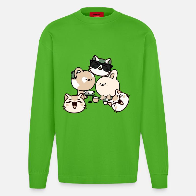 Kawaii Kaffeepause: Katze mit Hörgerät - Heavyweight Oversized Organic Langarmshirt Made in EU - Apple Neon