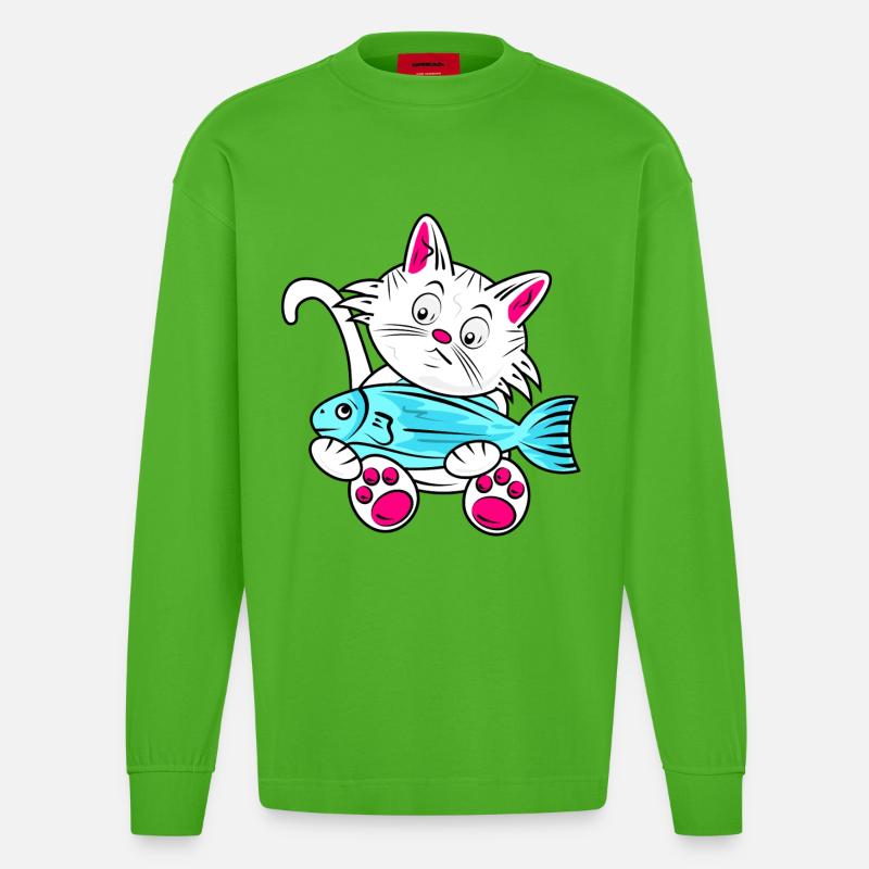 Petit Chat et Poisson Bleu - Manches longues bio épais oversize fabriqué en UE - Apple Neon