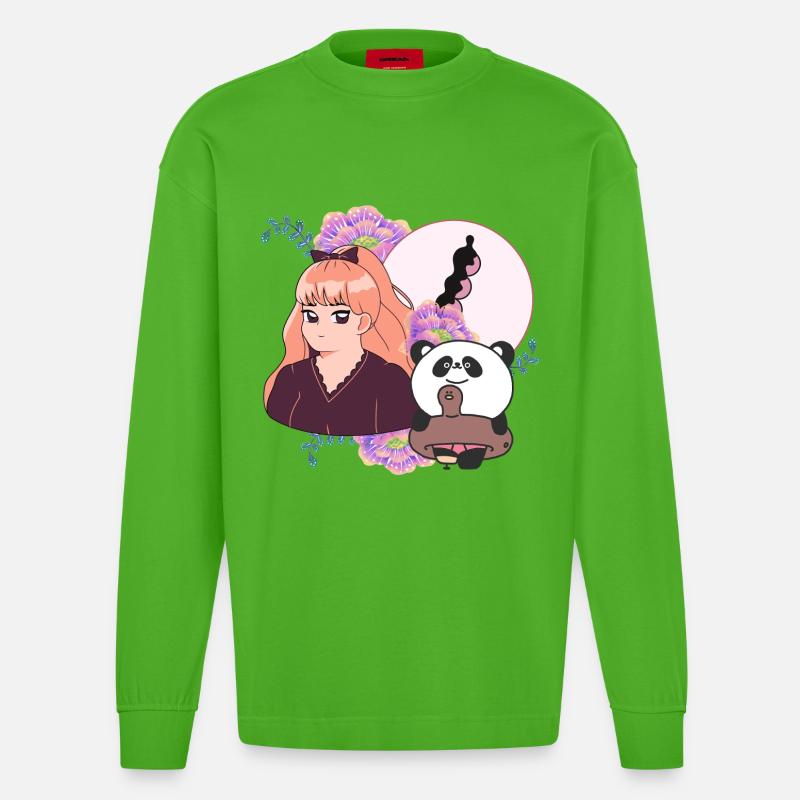 Manga-Mädchen und Panda mit Beinprothese - Heavyweight Oversized Organic Langarmshirt Made in EU - Apple Neon