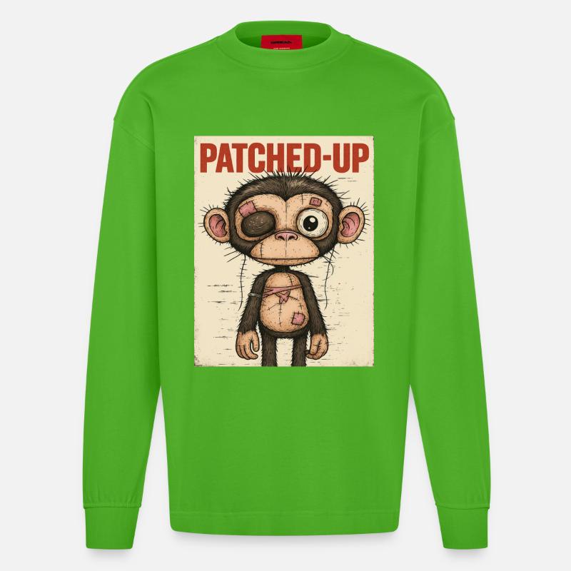 Patchwork Affe: Gepatcht und Tapfer - Heavyweight Oversized Organic Langarmshirt Made in EU - Apple Neon