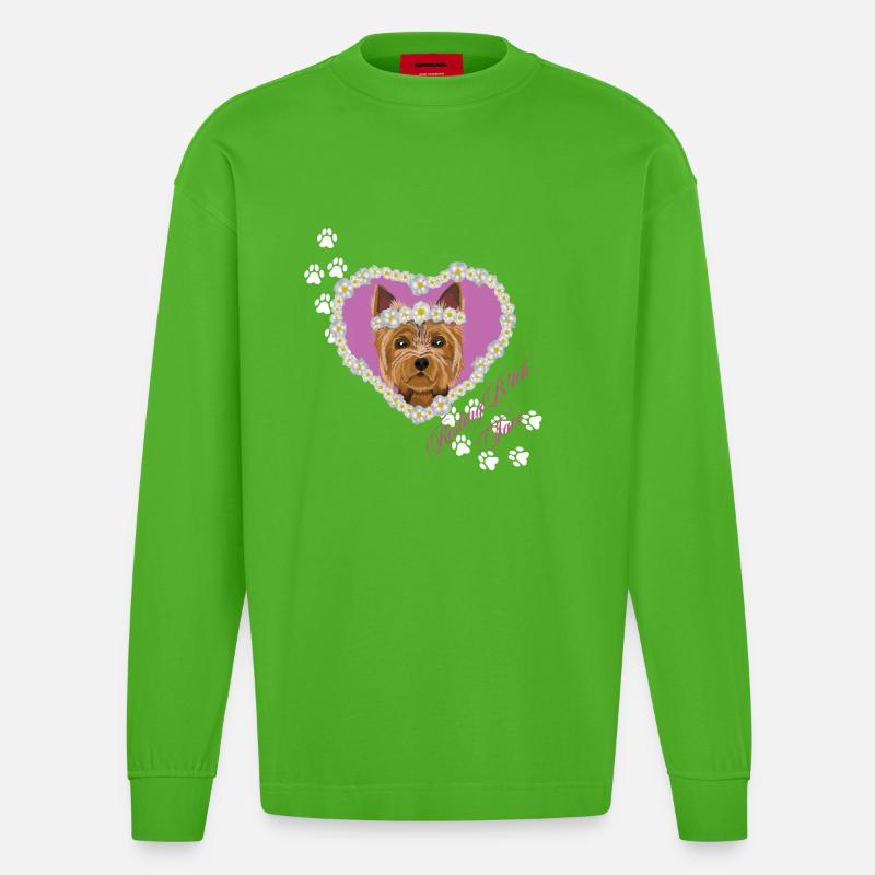 Ruhender Tch-Face Yorksire Terrier - Heavyweight Oversized Organic Langarmshirt Made in EU - Apple Neon