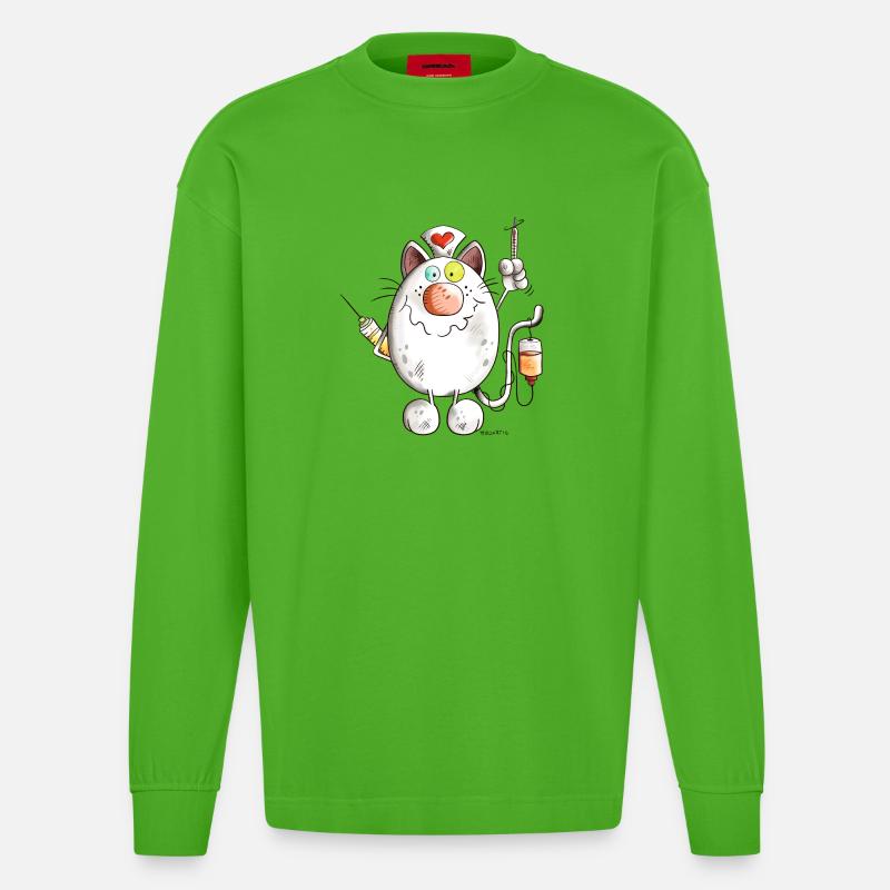 Krankenschwester Katze mit Herz - Comic - Heavyweight Oversized Organic Langarmshirt Made in EU - Apple Neon