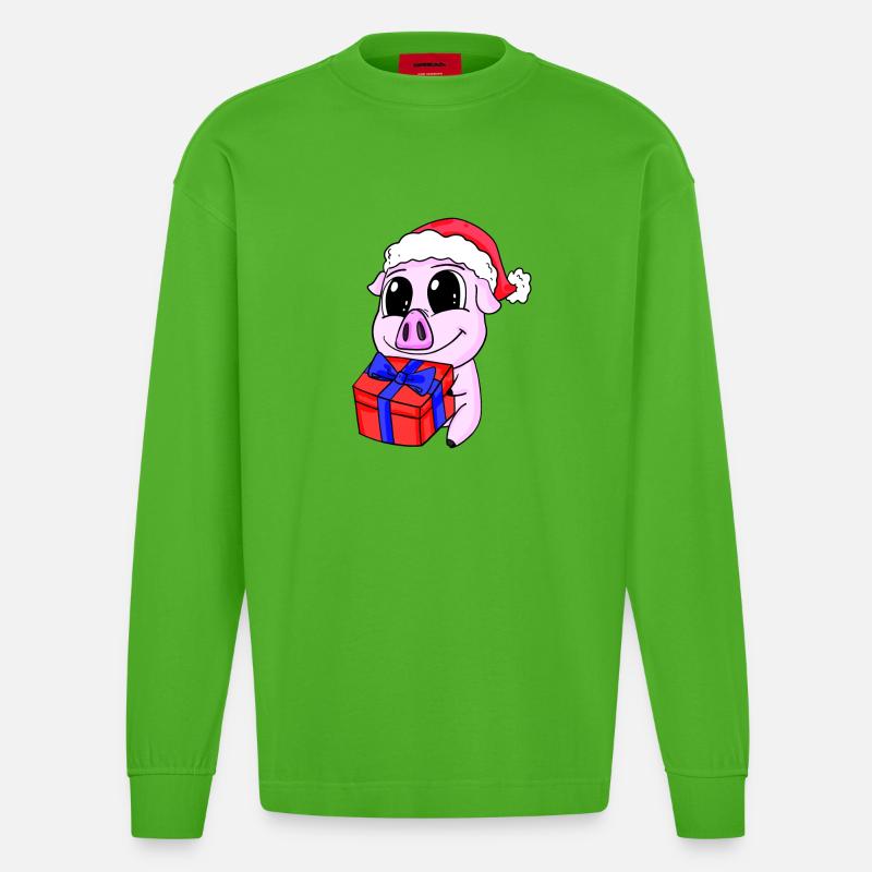 Cochon mignon avec cadeau - Noël - Manches longues bio épais oversize fabriqué en UE - Apple Neon