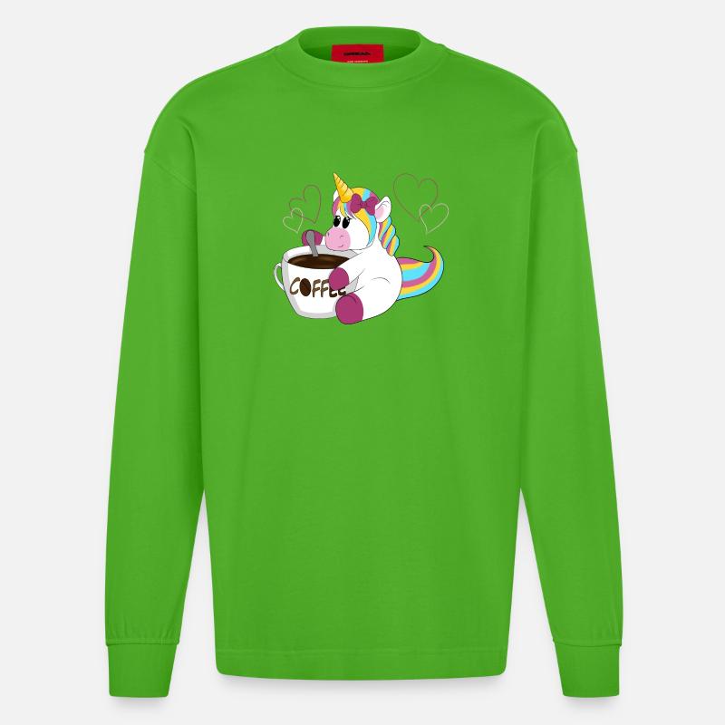Regenbogen Einhorn Kaffeezauber - Heavyweight Oversized Organic Langarmshirt Made in EU - Apple Neon
