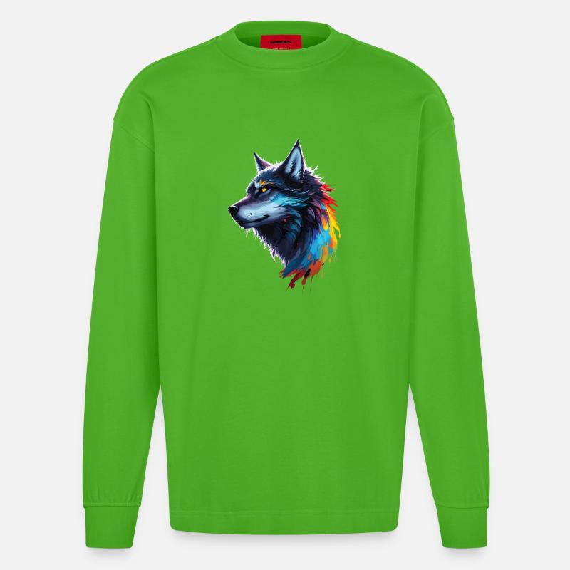 Regenbogen-Aquarell Wolf Spritzt - Heavyweight Oversized Organic Langarmshirt Made in EU - Apple Neon