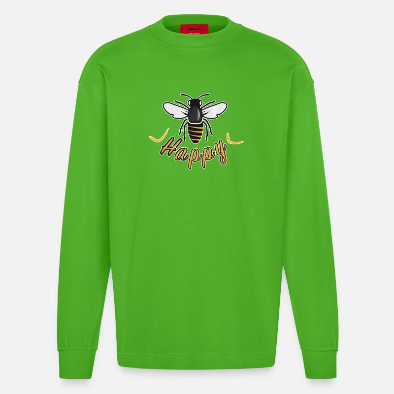 Happy bee with 'Happy' lettering - Heavyweight Oversized Organic Longsleeve Shirt Made in EU - Apple Neon