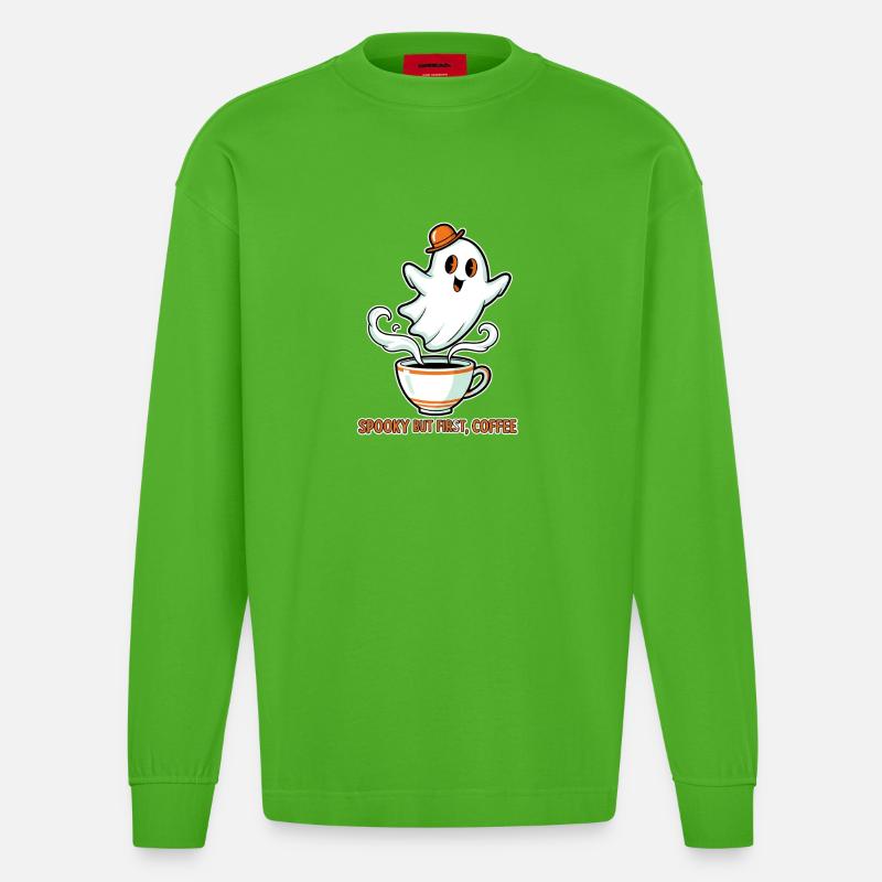 Spukiger Geist mit Kaffee - Heavyweight Oversized Organic Langarmshirt Made in EU - Apple Neon