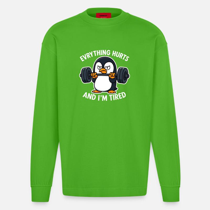 Grumpy Penguin Lifting Weights - Heavyweight Oversized Organic Longsleeve Shirt Made in EU - Apple Neon