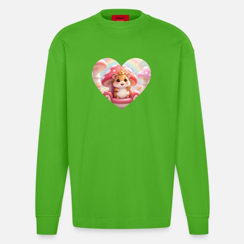Kleines Mäuschen mit Krone auf Pilzthron - Heavyweight Oversized Organic Langarmshirt Made in EU - Apple Neon