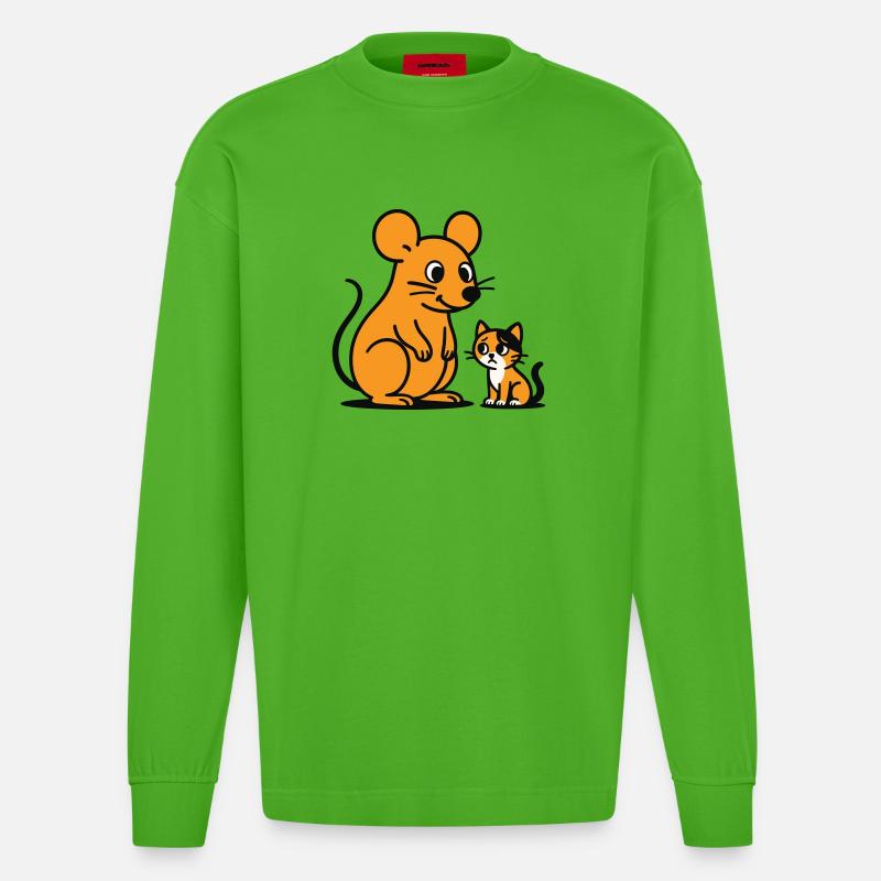 Kuschelige Maus und Kätzchen Duo - Heavyweight Oversized Organic Langarmshirt Made in EU - Apple Neon