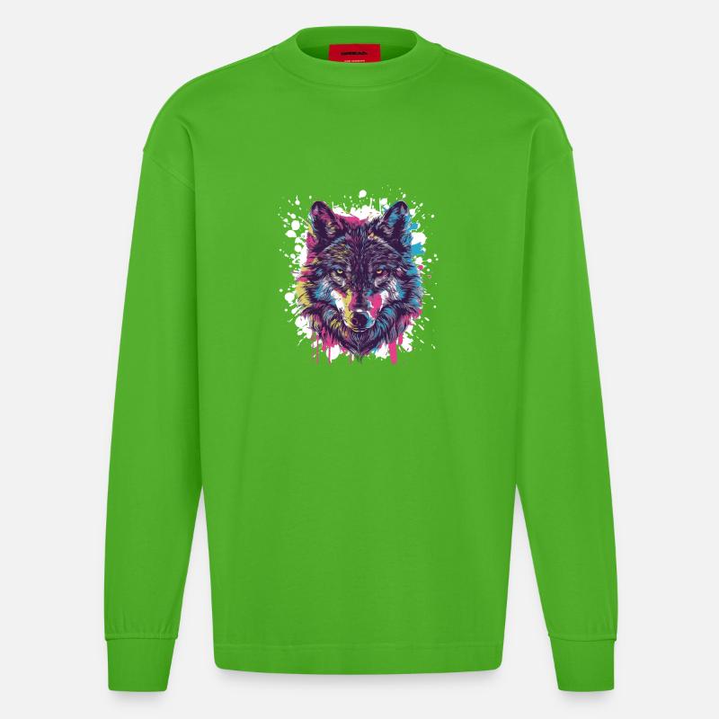 Wolf Tier Farbklecks - Heavyweight Oversized Organic Langarmshirt Made in EU - Apple Neon