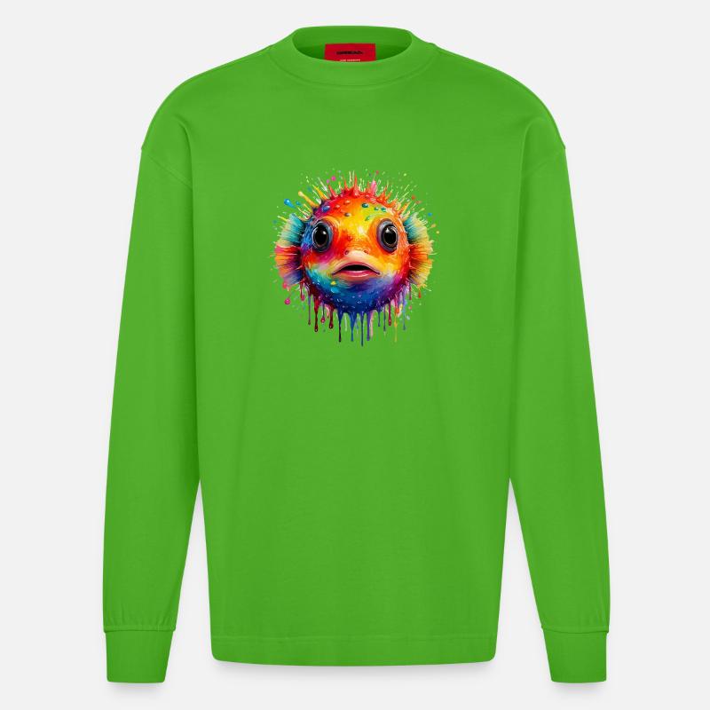 Farbexplosion Pufferfisch Kunstdruck - Heavyweight Oversized Organic Langarmshirt Made in EU - Apple Neon