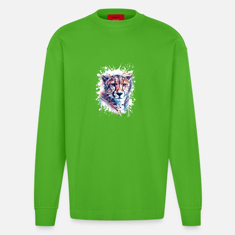Leopard Splatter Aquarell - Heavyweight Oversized Organic Langarmshirt Made in EU - Apple Neon