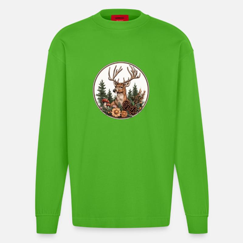 Cerf dans la forêt couronne - Manches longues bio épais oversize fabriqué en UE - Apple Neon