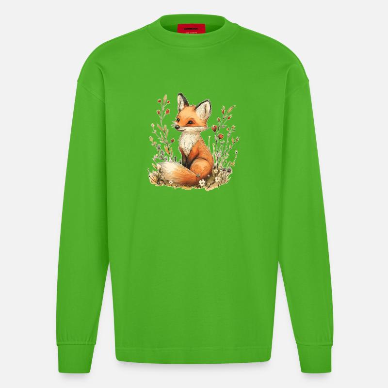 Fuchs mit Blumen - Heavyweight Oversized Organic Langarmshirt Made in EU - Apple Neon