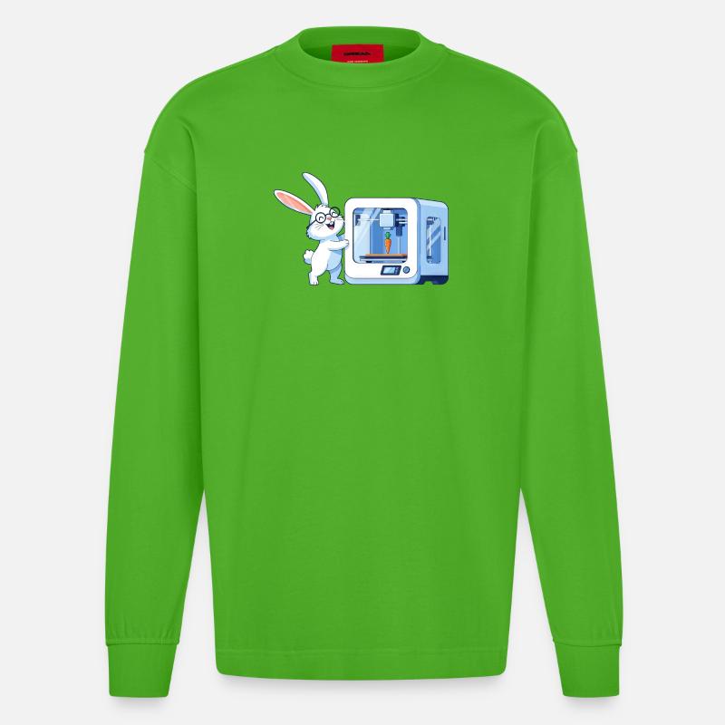 Funny Rabbit Nerd Programmer 3D Printer - Heavyweight Oversized Organic Longsleeve Shirt Made in EU - Apple Neon