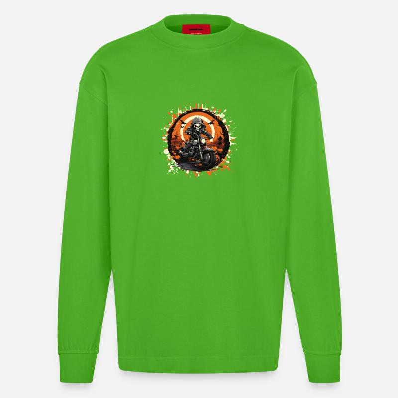 Skelett Biker im Halloween Ring - Heavyweight Oversized Organic Langarmshirt Made in EU - Apple Neon
