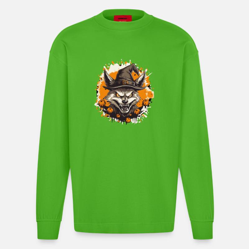 Waldwolf mit Halloweenhut - Heavyweight Oversized Organic Langarmshirt Made in EU - Apple Neon