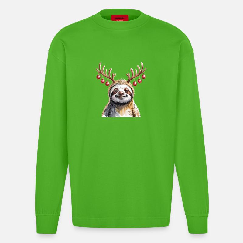 Faultier Mit Rentiergeweih Und Weihnachtskugeln - Heavyweight Oversized Organic Langarmshirt Made in EU - Apple Neon