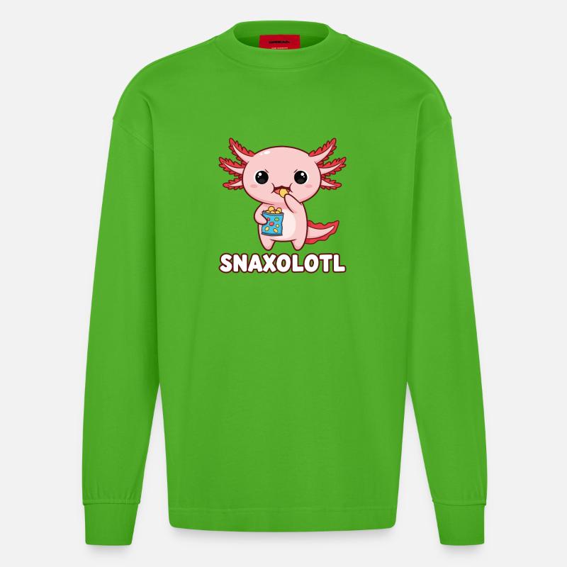 Mignon axolotl rose mangeant des chips - Manches longues bio épais oversize fabriqué en UE - Apple Neon