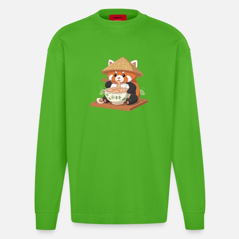 Panda Ramen with Straw Hat - Heavyweight Oversized Organic Longsleeve Shirt Made in EU - Apple Neon
