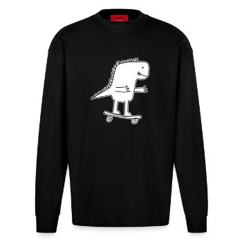 Dino Skateboard Cartoon, Cool Dinosaur Nerd Kids - Heavyweight Oversized Organic Longsleeve Shirt Made in EU - SOLID BLACK - Front