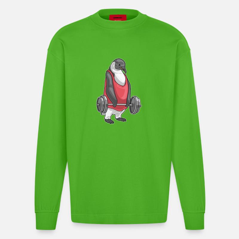 Pinguin Bodybuilder Langhantel Bodybuilding - Heavyweight Oversized Organic Langarmshirt Made in EU - Apple Neon