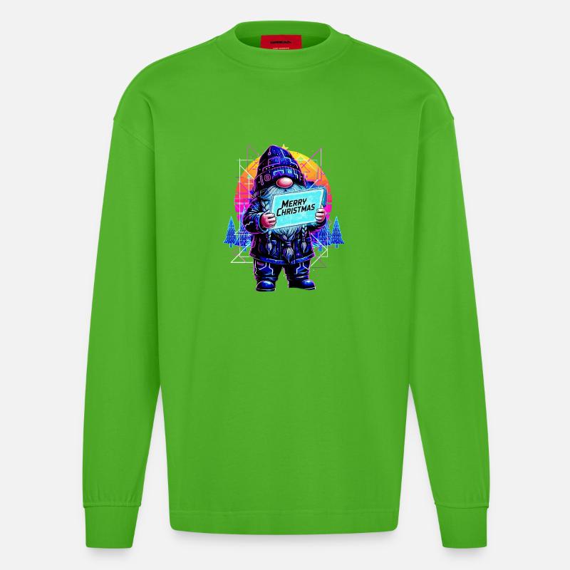 Merry Christmas - Synthwave Gnom 80s - Heavyweight Oversized Organic Langarmshirt Made in EU - Apple Neon