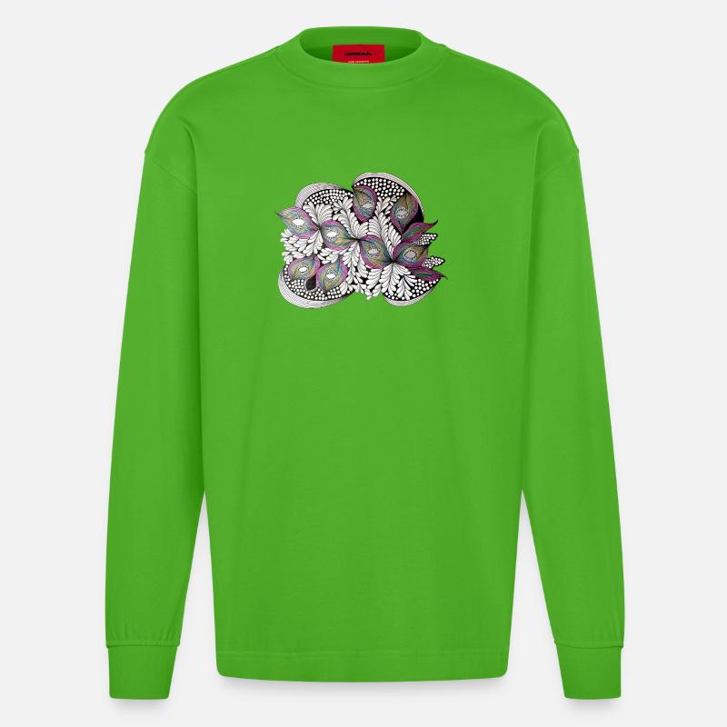 Peacock Feather Doodle Pattern - Heavyweight Oversized Organic Longsleeve Shirt Made in EU - Apple Neon