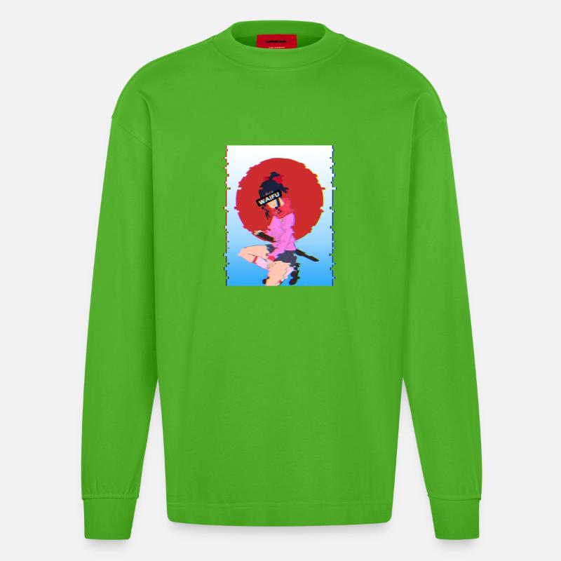 Glitch Samurai Waifu: Vaporwave-Ästhetik - Heavyweight Oversized Organic Langarmshirt Made in EU - Apple Neon
