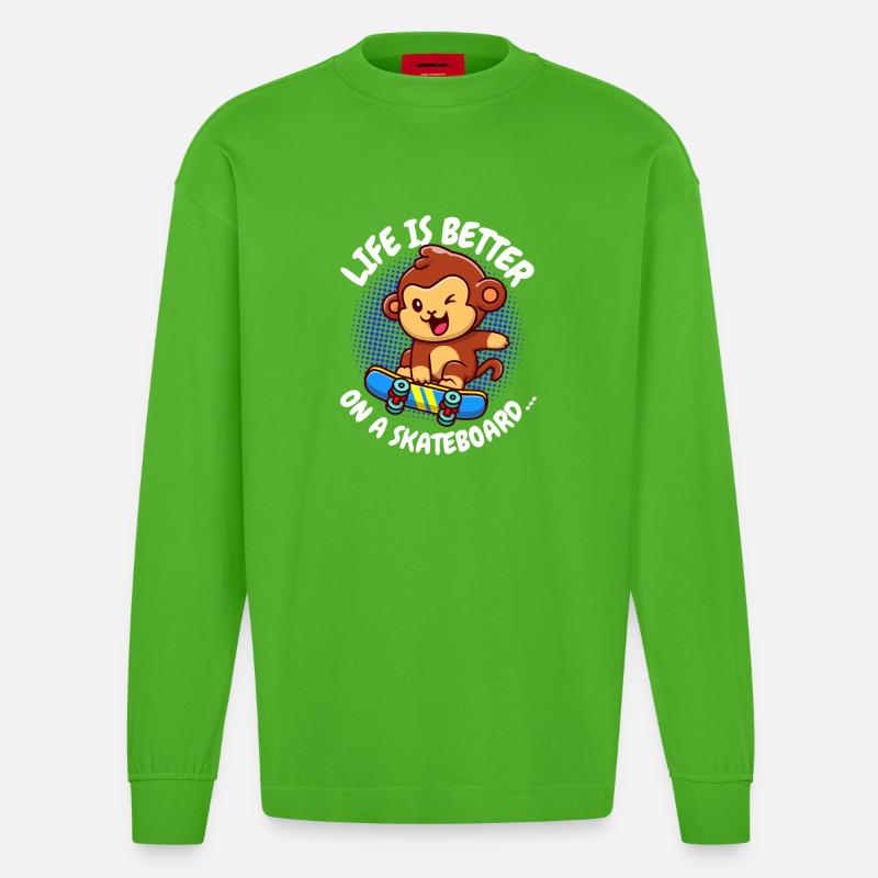 Life Is Better Skateboard Affe Monkey - Heavyweight Oversized Organic Langarmshirt Made in EU - Apple Neon