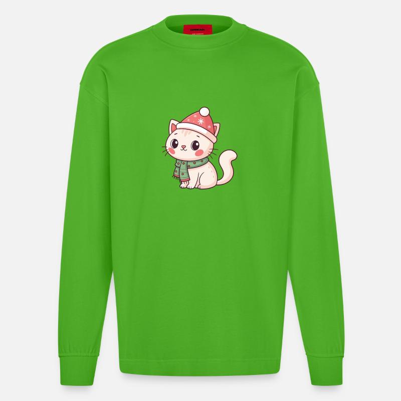 Chaton Noël avec bonnet rouge - Manches longues bio épais oversize fabriqué en UE - Apple Neon
