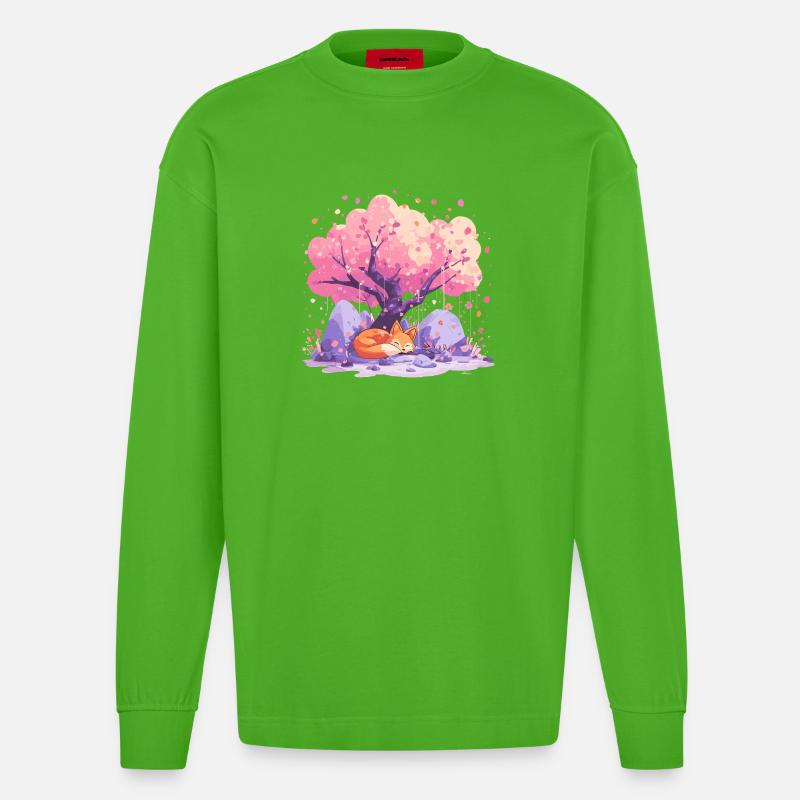 Sleeping fox under cherry tree - Heavyweight Oversized Organic Longsleeve Shirt Made in EU - Apple Neon