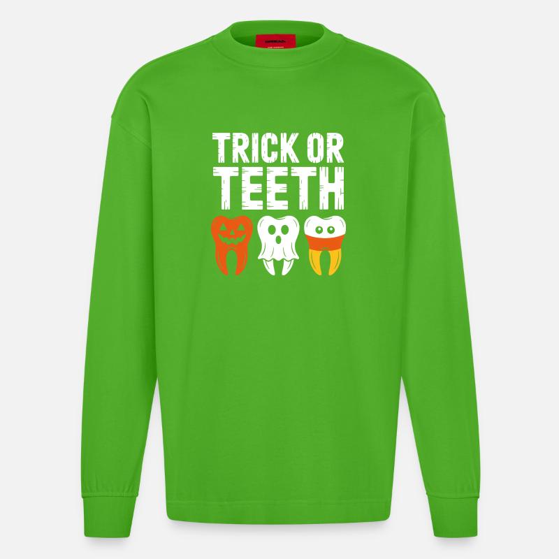 Trick oder Teeth Halloween-T-Shirt - Heavyweight Oversized Organic Langarmshirt Made in EU - Apple Neon