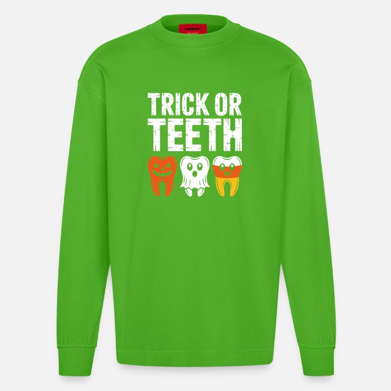 Trick oder Teeth Halloween-T-Shirt - Heavyweight Oversized Organic Langarmshirt Made in EU - Apple Neon