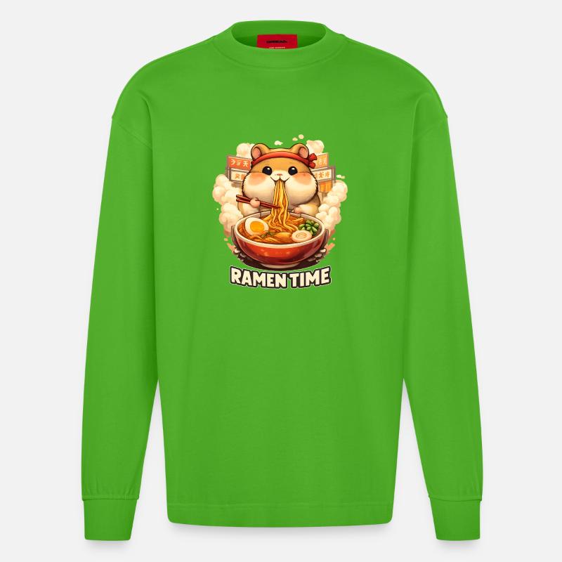 Hamster Ramen Time Kawaii Nudeln - Heavyweight Oversized Organic Langarmshirt Made in EU - Apple Neon