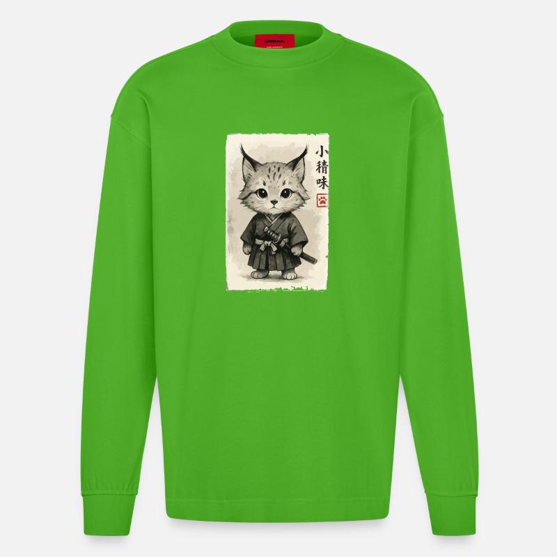 Katzen Samurai  - Heavyweight Oversized Organic Langarmshirt Made in EU - Apple Neon