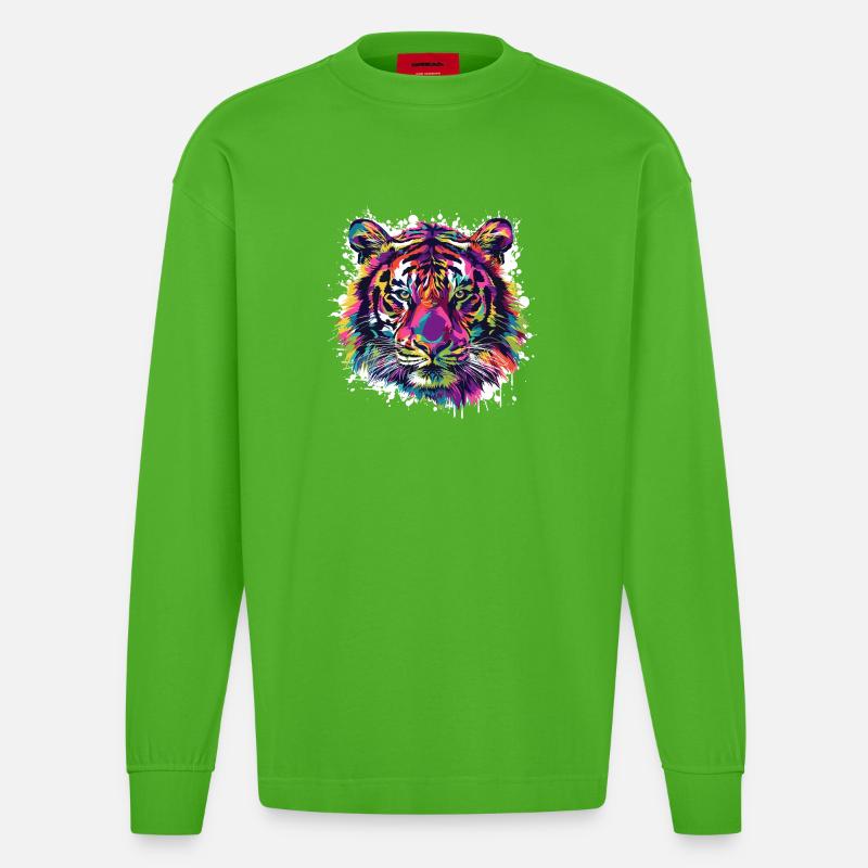 Tiger Tier Farbklecks - Heavyweight Oversized Organic Langarmshirt Made in EU - Apple Neon