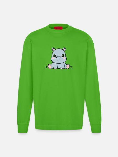 Süßes Baby Nilpferd Sitzend Kawaii - Heavyweight Oversized Organic Langarmshirt Made in EU - Apple Neon