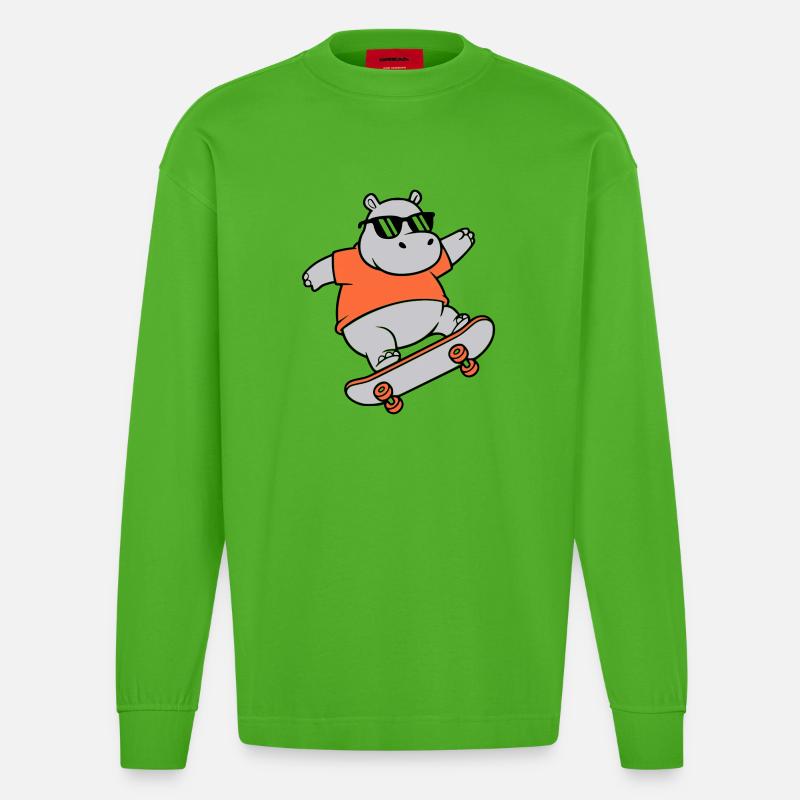 Cooles Nilpferd Skater Skateboard Vektor - Heavyweight Oversized Organic Langarmshirt Made in EU - Apple Neon