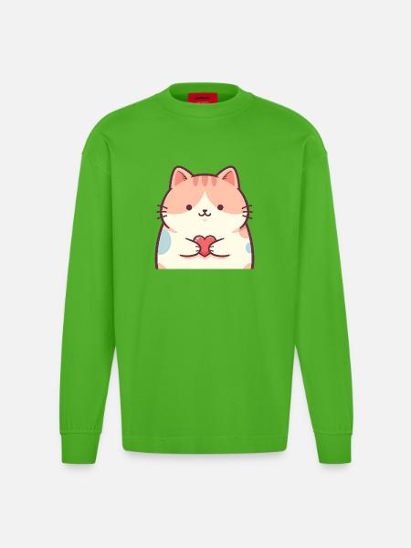 Kuschelkätzchen Herz Cartoon Katze - Heavyweight Oversized Organic Langarmshirt Made in EU - Apple Neon