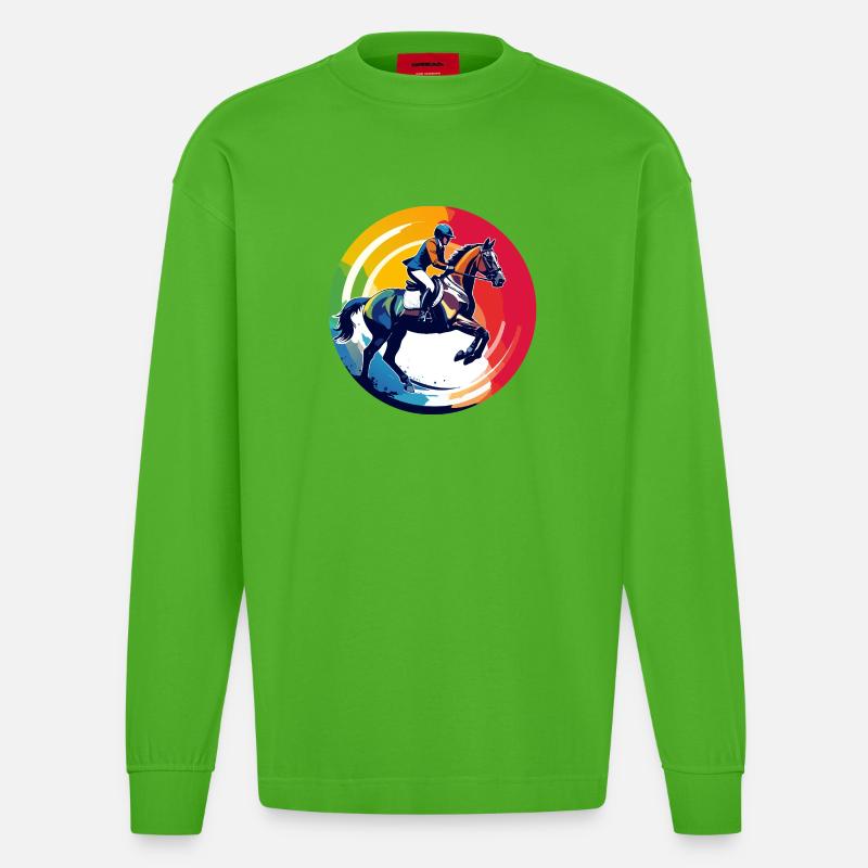 Regenbogen Springpferd Pferd Springreiten Motiv - Heavyweight Oversized Organic Langarmshirt Made in EU - Apple Neon