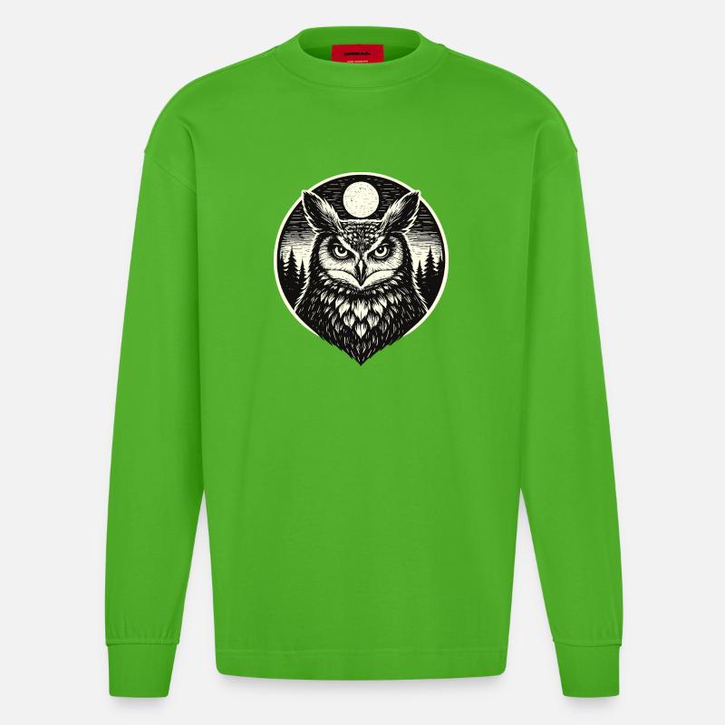 Silent Watch -  Eule im Woodcut Stil - Heavyweight Oversized Organic Langarmshirt Made in EU - Apple Neon