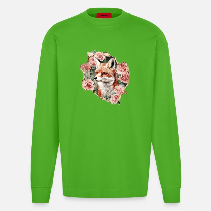 Fox with roses - Heavyweight Oversized Organic Longsleeve Shirt Made in EU - Apple Neon