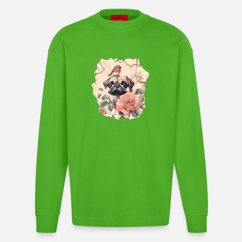 Mops mit Rotkehlchen - Heavyweight Oversized Organic Langarmshirt Made in EU - Apple Neon