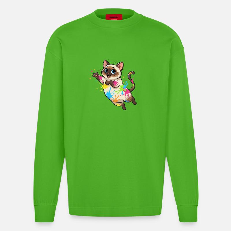 Bunte Farbklecks Katze - Heavyweight Oversized Organic Langarmshirt Made in EU - Apple Neon
